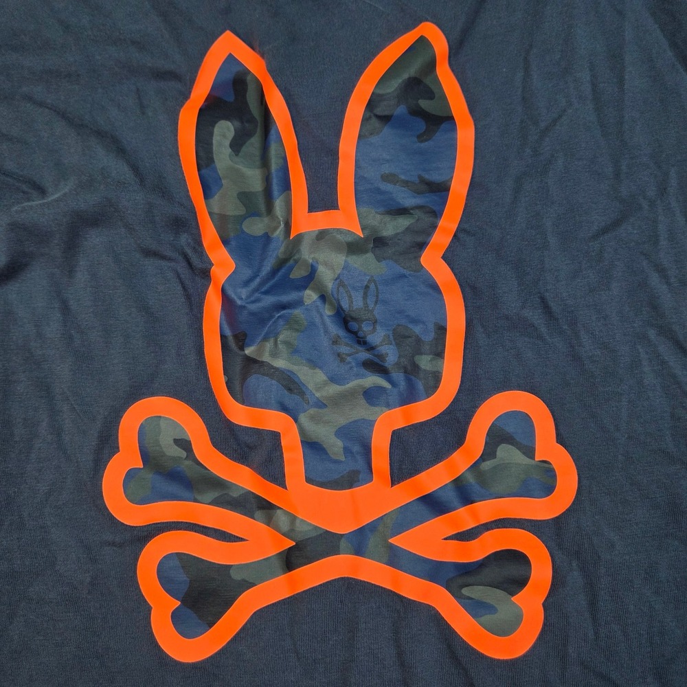 Psycho Bunny Graphic Tee Mens Sz 5 Camo Logo Neon Trim Pima Cotton Navy T-Shirt